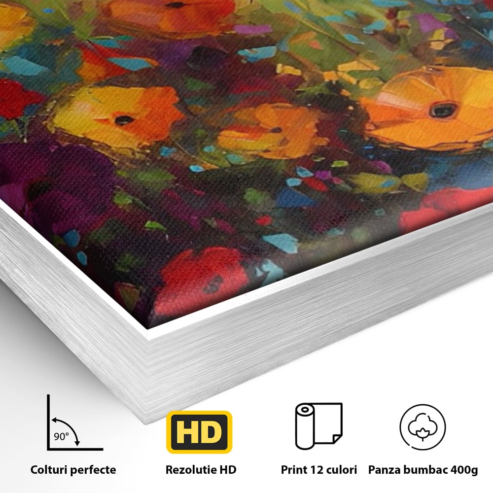 Detaliu al suprafetei: pictura camp cu flori colorate, in rama de aluminiu argintiu